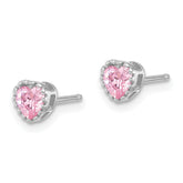 Sterling Silver Rhodium-plated Pink CZ Heart Post Earrings